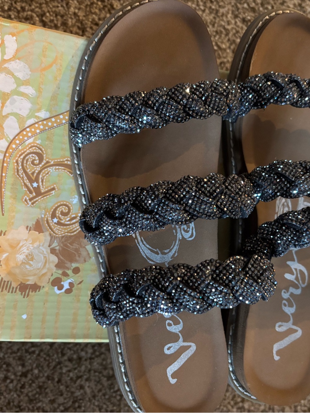 Stacia Bedazzled Embellished Braided Black Crystal Slide Sandals. Very G. 9 - Picture 2 of 5